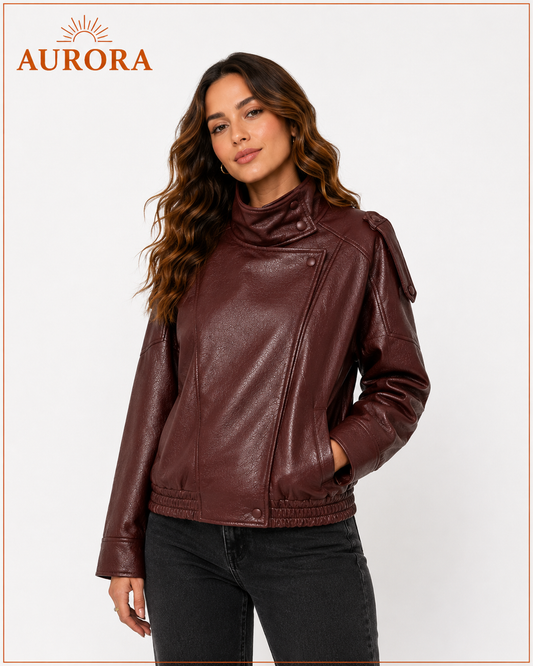 CHAQUETA BOMBER CUERINA MANGA LARGA AURORA BURDEO