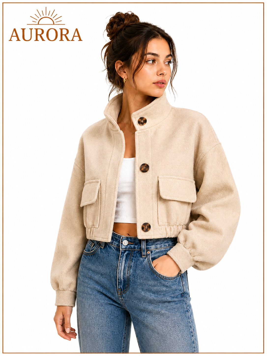 CHAQUETA CORTA CUELLO ALTO AURORA BEIGE
