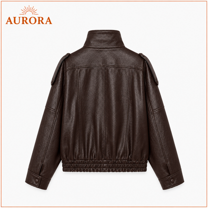 CHAQUETA BOMBER CUERINA MANGA LARGA AURORA CAFÉ
