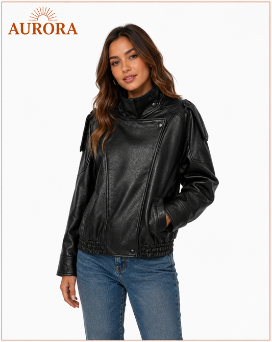 CHAQUETA BOMBER CUERINA MANGA LARGA AURORA NEGRO
