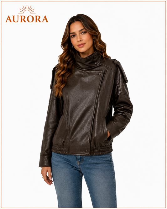 CHAQUETA BOMBER CUERINA MANGA LARGA AURORA CAFÉ